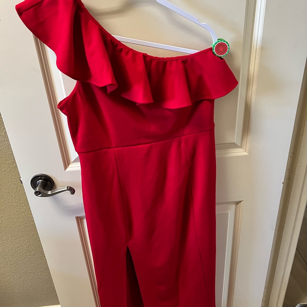 Red Asymmetrical Ruffled Sheath Dress